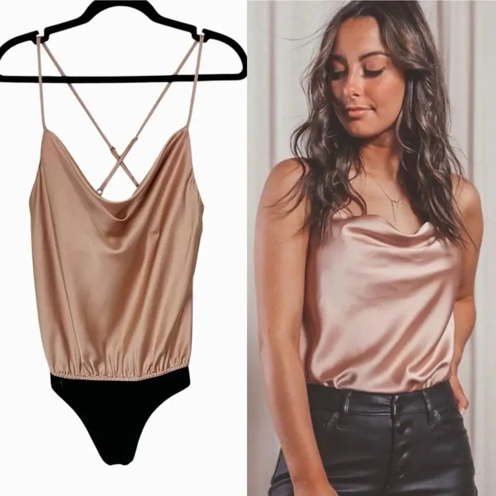 Show Me Your Mumu Tank Top Diane Bodysuit Rose Gold Satin Quiet Luxury Medium